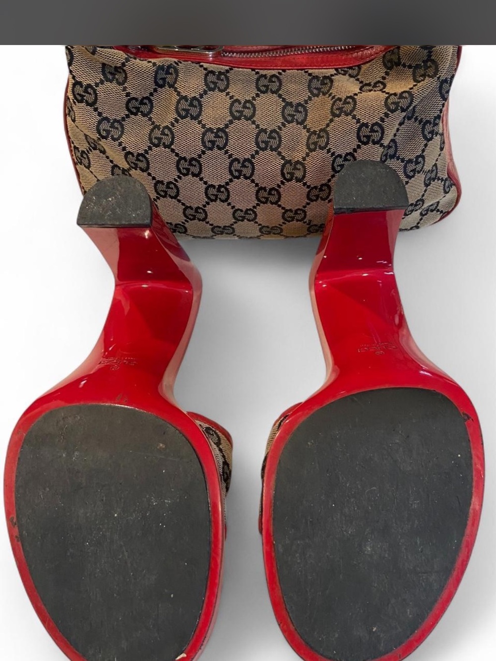 Gucci Red Patent Slide Heels with GG Monogram Strap - Picture 5 of 5